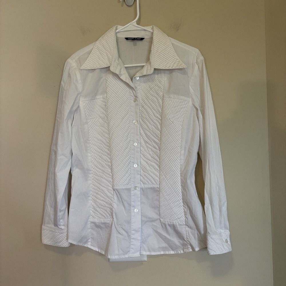 Samuel Dong Women's Small Button Down Pin Tuck White‎ Collar